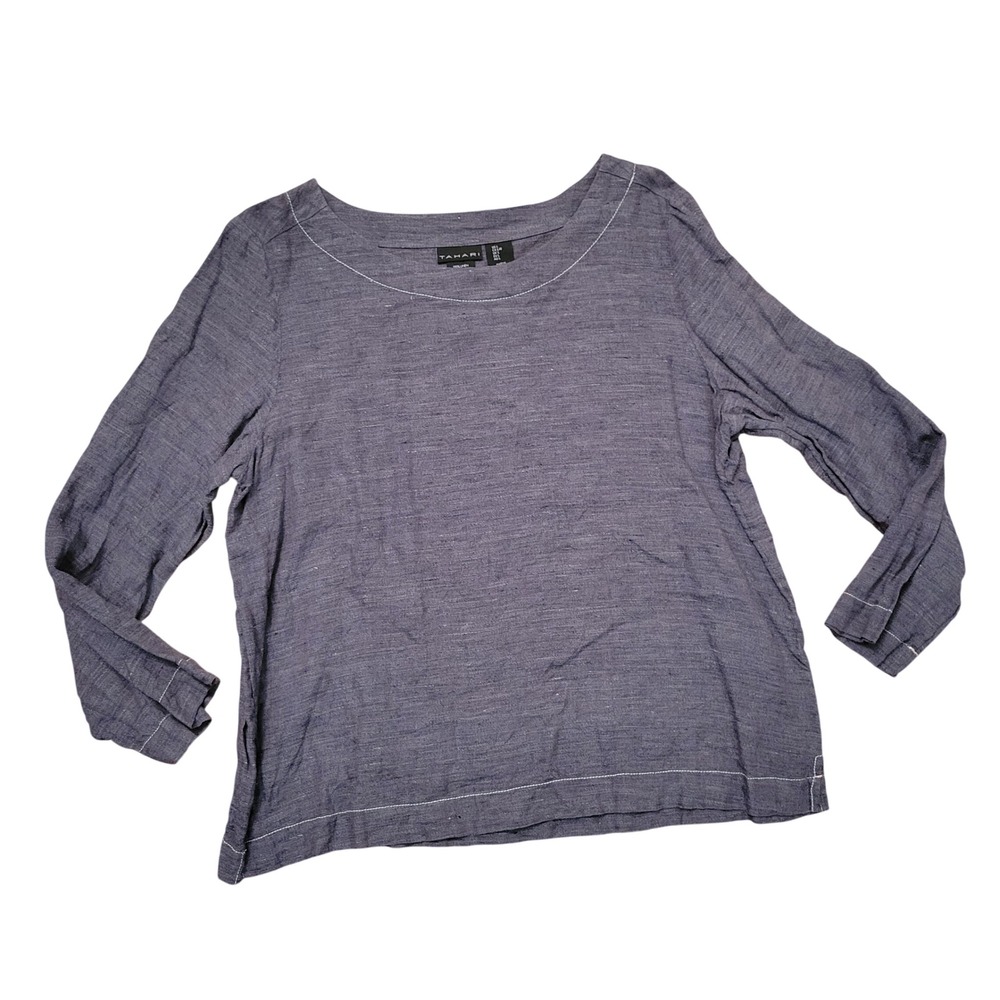 Tahari L Blouse Linen Boat Neck Relaxed Top Lagenlook Gray Summer Sustainable